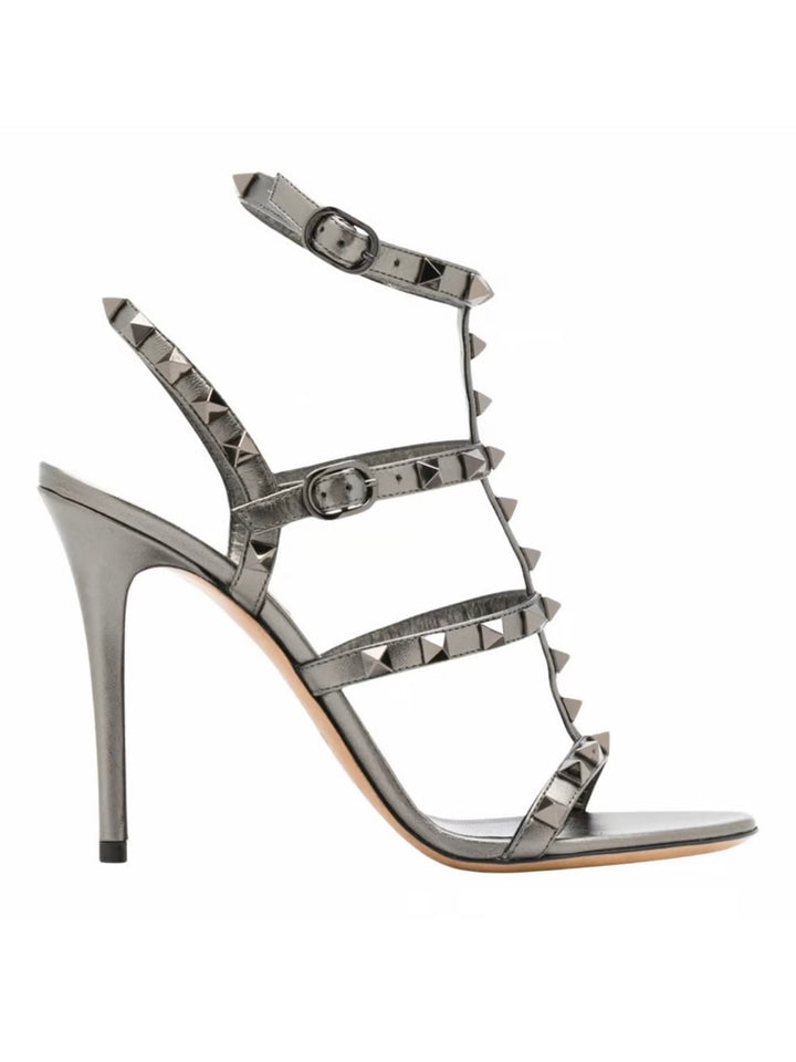 100% AUTHENTIC Grey (Silver Gunmetal) VALENTINO 105 MM Rockstud Caged High Heel Sandals size 36.5 (US 6.5)  Current Purchase Price: $1,150 Price in Zoe's Closet: $670 + free shipping + Afterpay and Shop Pay eligible at checkout