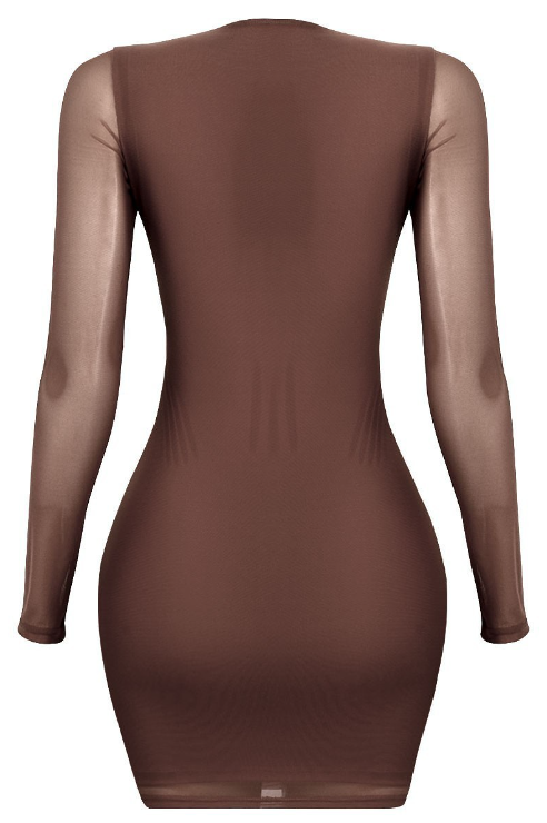 Because Miami nights are always top tier!  Chocolate brown, mesh long sleeve mini dress with a heart neckline and cutout detailing at the chest area. Dress can be worn where chest is fully covered with no under boob or it can be worn in a more feisty manner (as pictured) with under boob exposed. Use your creativity and wear this beauty however you feel comfortable!  Sleeves are fully mesh and see through while the body of the dress is double layered, not see through and has a mesh overlay. 