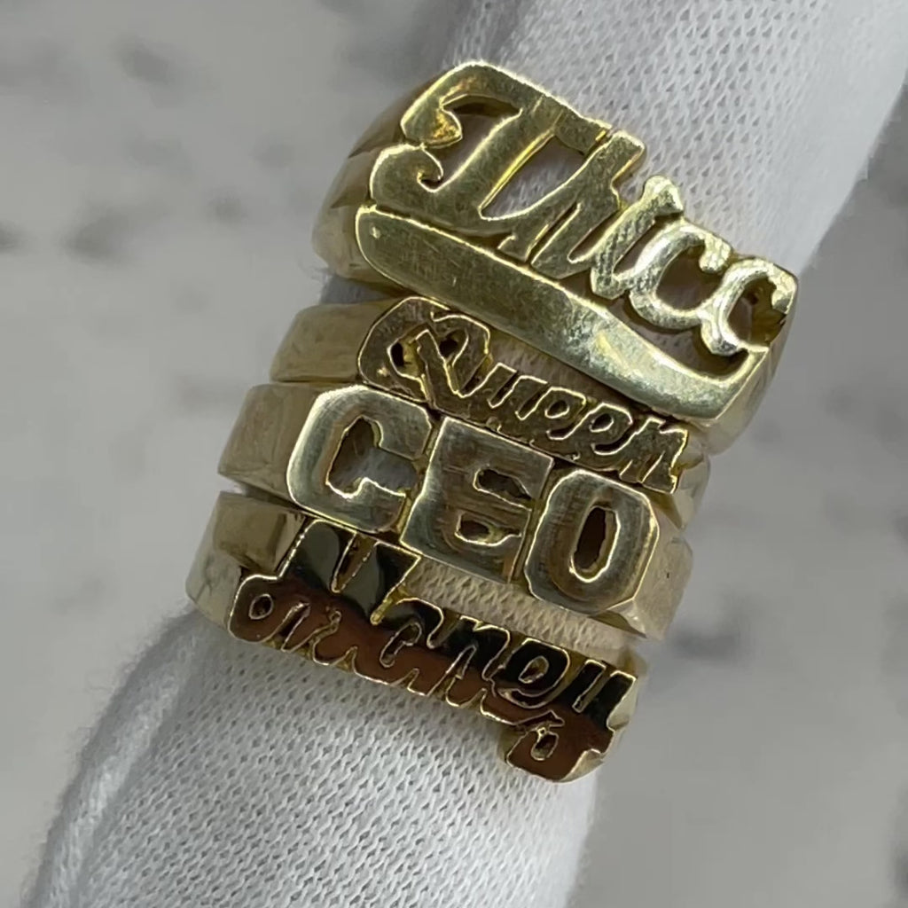 What's your energy, babe? The Big Energy Ring is REALLY the biggest.   Handmade & custom, 18k gold plated, nameplate rings in styles "THICC", "CEO", "QUEEN", "MONEY"  Made perfectly to be worn individually, in multiples or in addition to other ring stacks.  Expect to get up to 1 year worth of tarnish proof, water resistant wear from our jewelry with proper care. Hypoallergenic.